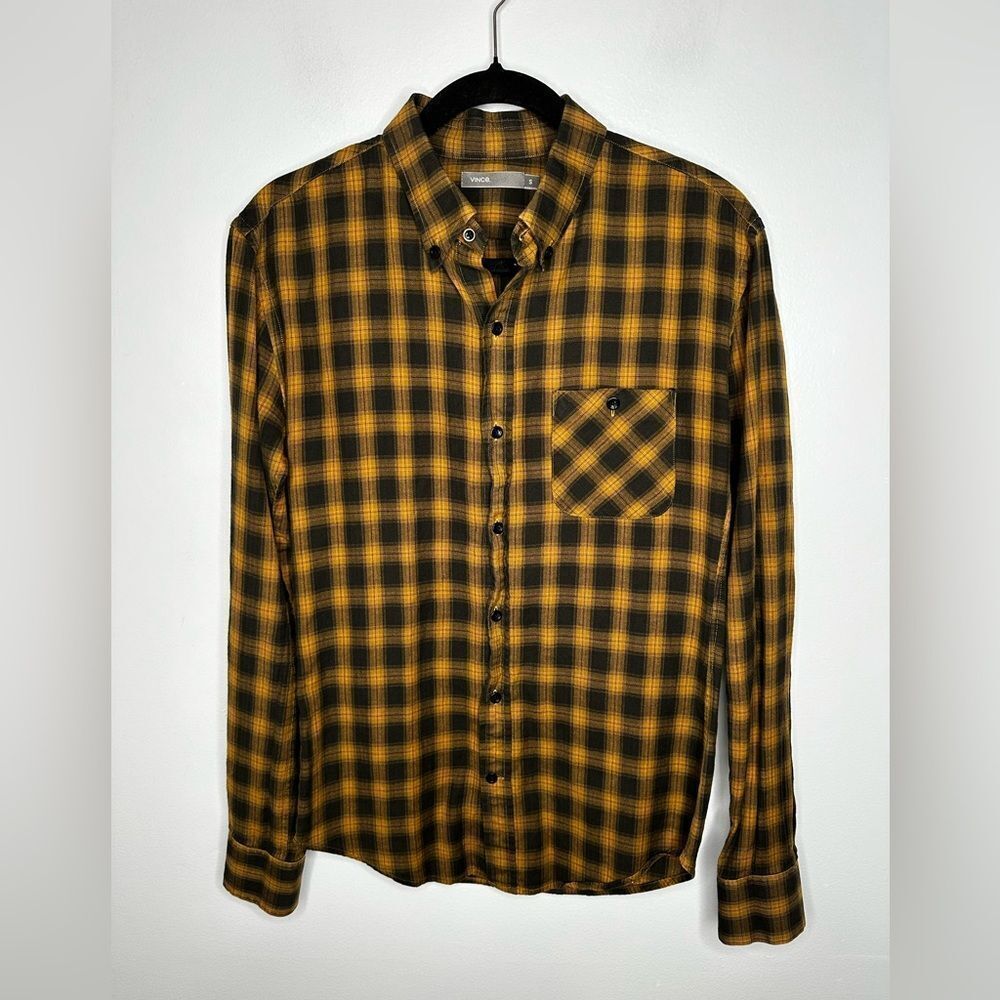 Vince Men Shirt Plaid Long Sleeve Button-down mustard yellow Black Size Small